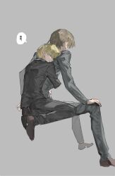 Rule 34 | 2boys, black pants, blonde hair, brown hair, formal clothes, from behind, full body, grey background, head on another&#039;s shoulder, highres, hug, invisible chair, leaning on person, long sleeves, male focus, multiple boys, original, pants, qyzhiaiyisheng, shoes, short hair, simple background, sitting, sleeping, speech bubble, suit, yaoi