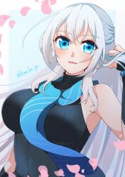 1girl absurdres bare_shoulders blue_background blue_eyes border breasts crossed_bangs double-parted_bangs eiyuu_densetsu falling_petals floating_neckwear hair_between_eyes half_updo highres kai_no_kiseki kuro_no_kiseki kuro_no_kiseki_(series) kuro_no_kiseki_ii kurukuru_mekuru large_breasts long_hair looking_at_viewer necktie open_mouth petals portrait shizuna_rem_misurugi sleeveless smile solo twitter_username two-tone_background upper_body white_border white_hair