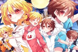 Rule 34 | 1boy, 1girl, :d, amamiya hibiya, blonde hair, blue shirt, blush, brown eyes, closed eyes, closed mouth, commentary request, double-parted bangs, full moon, hair between eyes, hair ornament, hair scrunchie, highres, hood, hood down, hooded vest, hoodie, kagerou project, kaho 0102, kisaragi momo, long sleeves, moon, multiple views, one side up, open mouth, outstretched arm, pointing, red eyes, red hoodie, red scrunchie, scrunchie, shirt, short hair, short sleeves, smile, vest, white vest
