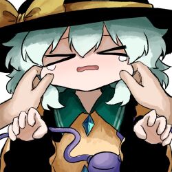 Rule 34 | 1girl, 1other, black hat, buttons, cheek pinching, cheek pull, closed eyes, diamond button, eyeball, frilled shirt collar, frilled sleeves, frills, green hair, hands on another&#039;s cheeks, hands on another&#039;s face, hat, hat ribbon, heripantomorrow, komeiji koishi, pinching, pov, pov hands, ribbon, shirt, tears, third eye, touhou, white background, wide sleeves, yellow ribbon, yellow shirt