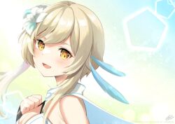 Rule 34 | 1girl, :d, azuma yuki, bare shoulders, blonde hair, breasts, cleavage, commentary request, dress, flower, genshin impact, hair flower, hair ornament, hand up, looking at viewer, looking to the side, lumine (genshin impact), medium breasts, open mouth, orange eyes, signature, smile, solo, upper body, watermark, white dress, white flower