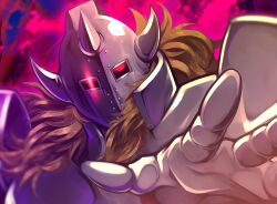 Rule 34 | 1boy, akuma shogun, armor, blonde hair, fake horns, glowing, glowing eyes, helmet, horned helmet, horns, kinnikuman, purple background, reaching, reaching towards viewer, red eyes, solo, yuu (user ddsz8272)