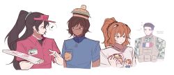 007n7_(roblox) 007n7_(roblox)_(cosplay) 2boys 2girls blue_shirt blush burger burger_hat camouflage closed_eyes closed_mouth collared_shirt cosplay eating elliot_(roblox) elliot_(roblox)_(cosplay) food forsaken_(roblox) guest_(roblox) guest_1337_(forsaken) guest_1337_(forsaken)_(cosplay) hair_slicked_back highres hong_lu_(project_moon) ishmael_(project_moon) limbus_company meridian_cities meursault_(project_moon) multiple_boys multiple_girls orange_eyes orange_hair outis_(project_moon) pizza pizza_box ponytail project_moon roblox shedletsky_(roblox) shedletsky_(roblox)_(cosplay) shirt short_sleeves sidelocks simple_background smile white_background