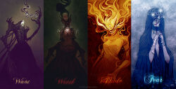 4girls alsanna_silent_oracle armor black_hair bracelet breastplate bride christophercielos crown crying dark_souls_(series) dark_souls_ii dress elana_the_squalid_queen fiery_hair fire floating_hair full_armor glowing hand_up helm helmet holding hollow_eyes hooded_robe jewelry long_hair mask multiple_girls nadalia_bride_of_ash nashandra no_eyes ornate ornate_armor queen reaching robe sad siblings sisters skull_mask tearing_up tears tiara yellow_dress