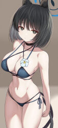 1girl animal_ears asamura_hiori bare_shoulders bikini black_bikini black_eyes black_hair blue_archive breasts cat_ears cat_tail cleavage commentary highres kikyou_(blue_archive) kikyou_(swimsuit)_(blue_archive) large_breasts looking_at_viewer multiple_tails navel solo swimsuit tail two_tails