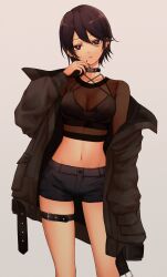 Rule 34 | 1girl, belt, black choker, black hair, black jacket, black shirt, black shorts, breasts, bright pupils, brown shirt, camisole, choker, cigarette, cleavage, criss-cross halter, crop top, ear piercing, halterneck, hand up, highres, holding, holding cigarette, jacket, kushinaka, long sleeves, looking at viewer, medium breasts, midriff, navel, off shoulder, open clothes, open jacket, original, parted lips, piercing, purple eyes, see-through cleavage, see-through clothes, see-through shirt, shirt, short hair, short shorts, shorts, sleeveless, sleeveless shirt, solo, spaghetti strap, stomach, thigh belt, thigh strap, thighs, undershirt