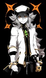 1boy black_background black_cape black_pants black_shirt bracelet cape clenched_hands double-parted_bangs dress_shirt facing_viewer gem gold gold_bracelet gold_trim green_gemstone grey_hair highres jewelry long_bangs looking_at_viewer male_focus n_(arc_suit)_(pokemon) n_(pokemon) nintendo nuumigranate open_clothes open_shirt orange_eyes pants partially_colored pokemon pokemon_masters_ex ponytail rubik&#039;s_cube shirt shirt_partially_tucked_in shirt_under_shirt sleeves_rolled_up spot_color wallet_chain white_shirt yellow_trim