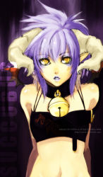 00s 1girl 2006 bell blue_hair collar demon_girl female_focus horns ippus jingle_bell lipstick looking_at_viewer makeup midriff neck_bell original pointy_ears short_hair solo yellow_eyes