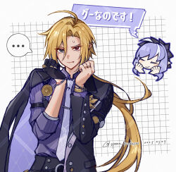 ... 1boy arm_out_of_sleeve black_jacket blonde_hair blue_eyes blue_shirt clenched_hands closed_eyes commentary_request dated fang gloves grid_background hair_between_eyes heterochromia highres hugo_vlad jacket jewelry long_hair long_sleeves male_focus mole mole_under_eye multiple_rings necktie pointy_ears purple_hair red_eyes ring shirt simple_background single_glove speech_bubble spoken_ellipsis sweat translation_request twitter_username very_long_hair vivian_banshee washidake watch wristwatch zenless_zone_zero