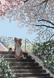 1girl absurdres animal blue_sky brown_hair bush cat cherry_blossoms commentary_request dappled_sunlight day detached_sleeves dress falling_petals flower hair_ribbon hakurei_reimu handrail highres licking long_hair long_skirt looking_at_viewer neckerchief oubachiago petals pink_flower procreate_(medium) red_dress ribbon sandals sitting skirt sky solo spring_(season) stairs stone_stairs sunlight touhou tree tree_shade white_flower wide_shot yellow_neckerchief
