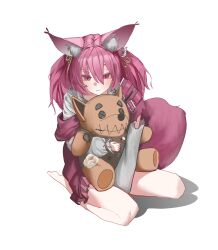 1girl absurdres animal_ear_fluff animal_ears arknights between_legs closed_mouth full_body hair_between_eyes hand_between_legs hashtag-only_commentary highres holding long_hair long_sleeves looking_at_viewer pink_eyes pink_hair pink_tail seueo shamare_(arknights) simple_background sitting solo stuffed_animal stuffed_toy tail teddy_bear torn_clothes torn_sleeves white_background