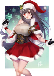 1girl absurdres arialla_draws bell black_gloves brown_corset cape christmas commentary corset english_commentary final_fantasy final_fantasy_vii final_fantasy_vii_ever_crisis fur-trimmed_cape fur-trimmed_gloves fur-trimmed_headwear fur-trimmed_skirt fur_trim gloves gradient_background hair_ornament hat highres holly holly_hair_ornament jingle_bell long_hair low-tied_long_hair official_alternate_costume outside_border parted_lips red_cape red_eyes red_hat red_skirt santa_costume santa_hat scrunchie signature single_sidelock skirt sleeveless sleeveless_turtleneck smile snowflakes solo square_background sweater tifa_lockhart tifa_lockhart_(fairy_of_the_holy_flame) turtleneck very_long_hair white_scrunchie white_sweater winter
