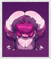 1girl ahoge all_fours ass bigdad blush border bracelet breasts cape cleavage collar covered_eyes facing_viewer fingerless_gloves gazlene_membrane gloves hair_over_eyes hanging_breasts huge_ass huge_breasts invader_zim jewelry no_pants purple_background shirt short_hair smile solo thick_thighs thighhighs thighs torn_cape torn_clothes torn_thighhighs white_border