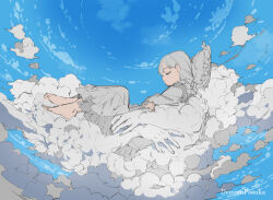 1girl artist_name barefoot blue_sky cloud cloudy_sky commentary demizu_posuka feet long_hair lying on_back original pillow sky solo toes