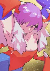 Rule 34 | 1girl, armpits, arms up, bare shoulders, bat wings, blue pantyhose, breasts, closed mouth, darkstalkers, demon girl, diamond cutout, e-kaki, flat chest, hair between eyes, head wings, highres, leotard, lilith (darkstalkers), looking at viewer, low wings, pantyhose, pink eyes, print pantyhose, purple eyes, purple hair, red leotard, short hair, smile, solo, wings