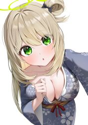 1girl absurdres alternate_costume blue_archive blue_kimono blush breasts brown_hair brown_sash cleavage commentary_request floral_print floral_print_kimono green_eyes green_halo hair_between_eyes hair_rings halo highres japanese_clothes kimono korean_commentary large_breasts leaning_forward long_hair looking_at_viewer nonomi_(blue_archive) obi open_mouth print_kimono sash shuvi_(shuvi1125) simple_background single_hair_ring solo white_background