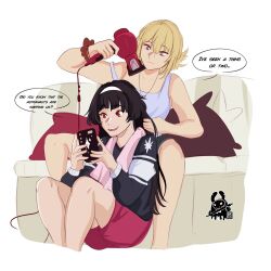 2girls artist_logo astra_yao between_legs black_hair black_shirt blonde_hair blue_tank_top cellphone commentary couch drying_another&#039;s_hair english_commentary english_text evelyn_chevalier hair_dryer hairband highres holding holding_hair_dryer holding_phone inkrred jewelry logo mole mole_under_eye multiple_girls necklace on_couch open_mouth phone purple_eyes red_eyes red_shorts shirt shorts sitting smartphone smile speech_bubble strap_slip tank_top towel towel_around_neck white_hairband yuri zenless_zone_zero