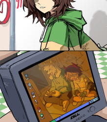 1boy 1other animal_ears asriel_dreemurr brown_hair closed_eyes computer controller deltarune drawstring game_controller goat_boy goat_ears goat_horns green_hoodie heartbreak_juan highres holding holding_controller holding_game_controller hood hoodie horns icon_(computing) indian_style kris_(deltarune) monitor open_mouth playing_games shaded_face short_hair siblings sitting taskbar