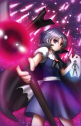 Rule 34 | 1girl, black cape, blue dress, cape, collar, cross, doll, dress, grey eyes, highres, muse (seihou), puppet, red pupils, seihou, translation request, white collar
