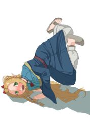 1girl :o absurdres asymmetrical_footwear belt blonde_hair blue_robe blush braid breakdance dungeon_meshi green_eyes grey_sandals hair_ribbon highres hutaitsuna long_hair marcille_donato mismatched_footwear pointy_ears ribbon robe sandals simple_background solo sweat upside-down white_background