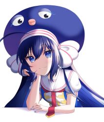 1girl ahoge blue_eyes blue_hair blue_hat cubkus eel_hat elbow_rest fang hair_between_eyes hand_on_own_face hat hat_ribbon head_rest highres large_hat long_hair looking_at_viewer low_twintails necktie otomachi_una otomachi_una_(sugar) puffy_short_sleeves puffy_sleeves red_necktie ribbon sailor_collar short_sleeves sidelighting sidelocks simple_background skin_fang smile solo twintails upper_body vocaloid white_background