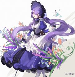 1girl absurdres apron black_gloves bonnet breasts brown_bag cane commentary dated dress english_commentary gloves hair_ornament highres holding holding_cane long_dress long_hair looking_at_viewer open_mouth purple_bonnet purple_dress purple_eyes purple_hair rosemary_(wuthering_waves) signature small_breasts smile socks solo steve_zheng very_long_hair white_apron white_background white_socks wuthering_waves