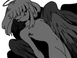 1boy asymmetrical_eyes completely_nude curvy demi_(dizzyspells) dizzyspells eyelashes feminine halo male_focus multiple_wings navel no_mouth no_nipples no_visible_genitalia nude original short_hair sidelocks solo trap upper_body white_background wings