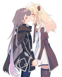 2girls blonde_hair blush closed_eyes collared_dress commentary_request dress duel_monster emptyayya from_side gloves grey_hair highres holding_hands kiss long_hair long_sleeves multiple_girls necktie pantyhose scarf sky_striker_ace_-_raye sky_striker_ace_-_roze thighhighs twintails two-tone_dress yu-gi-oh! yuri