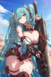 1girl artist_name bare_shoulders bird blue_eyes blue_hair blue_sky breasts cleavage cloud cosplay cowboy_shot facial_mark hatsune_miku holding holding_sword holding_weapon large_breasts long_hair mitsu_(mitsu_art) monster_hunter_(character) monster_hunter_(character)_(cosplay) monster_hunter_(series) monster_hunter_wilds number_tattoo outdoors patreon_username scar scar_on_leg shoulder_tattoo simple_background sky smile solo sword tattoo twintails very_long_hair vocaloid weapon