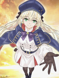 1girl artoria_caster_(fate) artoria_caster_(second_ascension)_(fate) artoria_pendragon_(fate) belt beret black_bow black_gloves black_pantyhose blonde_hair blue_capelet blue_cloak boots bow breasts cape capelet cloak dress fate/grand_order fate_(series) full_body gloves green_eyes hat holding hood hooded_cape karenpi0717 long_hair long_sleeves looking_at_viewer multicolored_cape multicolored_capelet o-ring o-ring_belt outstretched_arm outstretched_hand pantyhose reaching reaching_towards_viewer simple_background smile solo spread_fingers standing striped_belt twintails white_dress yakudo_trio yellow_background