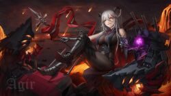 1girl absurdres aegir_(azur_lane) armored_boots azur_lane backward-facing_horns bare_shoulders black_bodystocking black_boots black_cape black_corset black_gloves black_horns black_pantyhose bodystocking boots breast_curtains breasts cannon cape character_name cleavage cloud cloudy_sky commentary commission corset covered_navel cross cross-laced_clothes cross-laced_corset crossed_legs dragon_horns elbow_gloves english_commentary full_body gloves hair_between_eyes high_heel_boots high_heels highres holding holding_polearm holding_weapon horns iron_cross large_breasts leg_armor long_hair machinery meteor_shower multicolored_hair numanoan ocean pantyhose parted_lips polearm red_streaks sitting sky smile solo two-tone_hair weapon white_hair yellow_eyes
