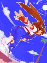 Rule 34 | 0123456789, 1girl, animal ears, ass, blue bodysuit, bodysuit, brown eyes, brown hair, coat, female focus, foreshortening, full body, gloves, goggles, goggles on head, happy, latex, makihara arina, open mouth, rabbit ears, running, shoes, short hair, sky, sneakers, solo, sun, tree, waku waku 7