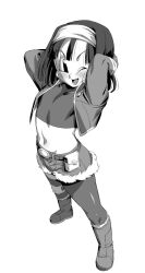 Rule 34 | 1boy, arched back, arms behind back, asymmetrical legwear, belt, bob cut, boots, commentary request, crop top, dragon ball, dragon ball heroes, full body, greyscale, jacket, male focus, midriff, monochrome, navel, one eye closed, open mouth, pan (dragon ball), pan (xeno) (dragon ball), pantyhose, pouch, rom (20), short shorts, shorts, single thighhigh, smile, solo, stretching, thighhighs