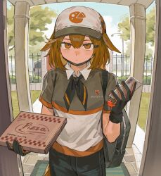 1girl absurdres animal_ears arknights black_gloves black_pants black_shirt brown_hair cellphone charm_(object) chinese_commentary closed_mouth collared_shirt commentary_request cowboy_shot crownslayer_(arknights) day doorway dopperu_ben fence fisheye gloves grey_hat grey_shirt hair_between_eyes hat highres holding holding_phone looking_at_viewer mask mouth_mask orange_eyes orange_gloves pants peaked_cap phone pizza_box shirt short_hair short_sleeves smartphone solo standing