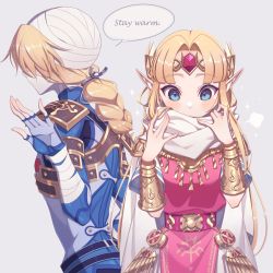 2girls blonde_hair blue_eyes blush braid circlet dress dual_persona english_text fingerless_gloves genderswap genderswap_(ftm) gloves gold grey_background jewelry mask miri_(cherryjelly) mouth_mask multiple_girls nintendo parted_bangs pointy_ears princess_zelda scarf sheik simple_background single_braid speech_bubble super_smash_bros. talking the_legend_of_zelda the_legend_of_zelda:_a_link_between_worlds the_legend_of_zelda:_twilight_princess turban white_scarf