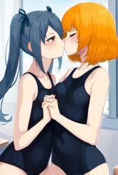 2girls absurdres black_one-piece_swimsuit blue_hair blue_ribbon blush classroom closed_eyes commentary_request commission hair_ribbon highres holding_hands idashige_(walkietalkie) indoors interlocked_fingers kiss light_particles medium_hair multiple_girls one-piece_swimsuit orange_hair original ribbon school_swimsuit skeb_commission swimsuit twintails yellow_eyes yuri