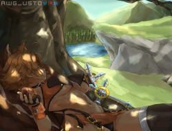 1girl acorn animal_ears awg_usto bare_shoulders blazblue breasts brown_hair crop_top fingerless_gloves gloves grass highleg highleg_panties highres hill large_breasts lying makoto_nanaya microskirt panties short_hair skirt sleeveless squirrel_ears squirrel_tail tail tonfa tree underboob underwear water weapon
