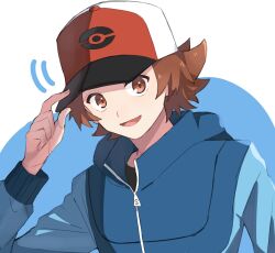 1boy baseball_cap blue_jacket brown_eyes brown_hair hat highres hilbert_(pokemon) jacket male_focus nintendo poke_ball_print pokemon pokemon_bw solo ziji_(mp_kokichi) zipper_pull_tab