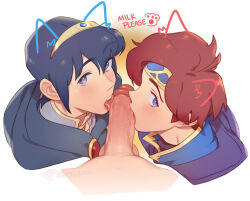 3boys artist_name bishounen blue_cape blue_eyes blue_hair cape commentary cooperative_fellatio cropped_shoulders english_text erection eyelashes fellatio fire_emblem fire_emblem:_shadow_dragon_and_the_blade_of_light fire_emblem:_the_binding_blade gold_trim group_sex hair_between_eyes headband licking licking_penis looking_at_viewer male_focus marth_(fire_emblem) meep mmm_threesome multiple_boys nintendo oral parted_bangs penis pov purple_cape red_hair roy_(fire_emblem) short_hair simple_background teamwork_(sexual) threesome tongue tongue_out uncensored veins veiny_penis watermark web_address white_background yaoi