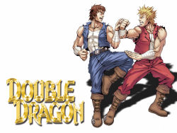 1980s_(style) 2boys angry arc_system_works armband billy_lee blonde_hair boots brothers brown_hair double_dragon duel highres jimmy_lee logo male_focus manly martial_arts mullet multiple_boys muscular official_art retro_artstyle promotional_art retro_artstyle siblings spiked_hair training vest