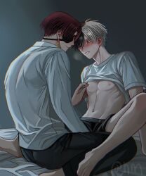 2boys barefoot black_eyes black_hair black_pants black_shorts blush clothes_lift earrings eyepatch feet grey_hair heterochromia hyohls2_(hamao3o) jewelry long_sleeves male_focus multicolored_hair multiple_boys navel nipples open_clothes open_shirt pants red_hair sakura_haruka_(wind_breaker) shirt shirt_lift short_hair shorts single_earring split-color_hair spread_legs stomach suo_hayato t-shirt toes two-tone_hair white_shirt wind_breaker_(nii_satoru) yaoi yellow_eyes