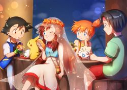 2boys 2girls ;) ash_ketchum black_hair black_shirt blue_eyes blue_shirt brown_hair closed_mouth collared_shirt fingerless_gloves food frown gen_1_pokemon gen_2_pokemon gloves green_gloves green_shirt head_rest headband highres holding holding_food jealous lens_flare long_hair low_twintails melody_(pokemon) misty_(pokemon) multiple_boys multiple_girls nintendo one_eye_closed orange_hair pikachu pokemon pokemon_(anime) pokemon_(classic_anime) pokemon_(creature) pokemon_heroes:_latios_&amp;_latias pokemon_the_movie_2000:_the_power_of_one red_headband red_shorts shirt short_hair short_shorts short_sleeves shorts sitting skirt sleeveless sleeveless_shirt smile suspenders togepi tracey_sketchit twintails v-shaped_eyebrows white_shirt white_skirt wing_collar yellow_shirt yuki56
