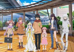 2boys 5girls accelerator_(toaru_majutsu_no_index) blue_sky can full_body gekota_(character) index_(toaru_majutsu_no_index) kanzaki_kaori misaka_mikoto multiple_boys multiple_girls official_art scarf shirai_kuroko sky sword tachikawa_(tokyo) tagme tile_floor tiles toaru_majutsu_no_index tsukuyomi_komoe weapon