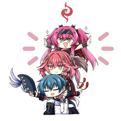 Rule 34 | 1boy, 2girls, blue hair, brant (wuthering waves), bright pupils, changli (wuthering waves), closed eyes, closed mouth, commentary request, feather hair, hair ornament, hairband, hat, highres, holding, holding unworn clothes, holding unworn hat, jazz9207, korean commentary, long hair, lupa (wuthering waves), metal hairband, multiple girls, open mouth, orange eyes, outstretched arms, pants, pink hair, short hair, simple background, smile, tricorne, unworn hat, unworn headwear, white background, white pants, white pupils, wrist guards, wuthering waves, yellow eyes