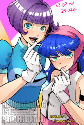 Rule 34 | 2girls, blue hair, blunt bangs, blunt ends, breasts, commentary request, dated, demon (megami tensei), devil summoner: soul hackers, devil summoner (game), devil summoner (series), gloves, green eyes, headscarf, highres, looking at viewer, medium hair, megami tensei, multiple girls, open mouth, pink headscarf, pink lips, pixie (megami tensei), purple hair, purple lips, shinabita nasubi, short hair, small breasts, smile, v-shaped eyebrows, watermark, white gloves