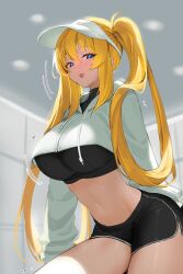 1girl absurdres black_shirt black_shorts blonde_hair blue_eyes blurry blurry_background closed_mouth commission cowboy_shot crop_top cropped_hoodie dolphin_shorts drawstring guamon highres hood hoodie long_hair long_sleeves looking_at_viewer midriff motion_lines navel original shirt short_shorts shorts smile solo stomach sweatdrop thighs tongue tongue_out twintails undershirt very_long_hair visor_cap white_hoodie