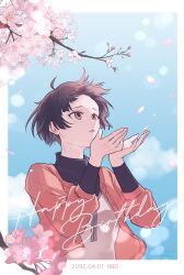 1girl absurdres ahoge black_sweater blue_sky border brown_eyes brown_hair cherry_blossoms cloud commentary dated falling_petals floating_hair happy_birthday highres jacket light_particles petals pink_jacket psycho-pass seu_rii short_hair sky solo sweater timestamp tsunemori_akane turtleneck turtleneck_sweater twitter_username vest white_border white_vest