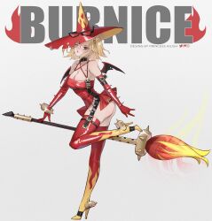 1girl absurdres alternate_costume artist_name ass bare_shoulders blonde_hair boots breasts burnice_white character_name cleavage demon_wings elbow_gloves from_side gloves hat high_heels highres instagram_logo large_breasts leg_up leotard lips looking_at_viewer looking_to_the_side no_panties one_eye_closed patreon_logo princess_ailish red_eyes red_gloves red_hat red_leotard red_thighhighs solo standing standing_on_one_leg strapless strapless_leotard thighhighs twintails twitter_logo two-tone_hat typo wings witch_hat yellow_boots yellow_hat zenless_zone_zero