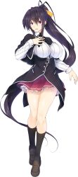 Rule 34 | 1girl, antenna hair, black hair, breasts, brown footwear, clothes lift, female focus, full body, hair ribbon, high school dxd, highres, himejima akeno, large breasts, long hair, miyama-zero, parted lips, ponytail, purple eyes, ribbon, school uniform, skirt, skirt lift, smile, socks, solo, standing, thighs, transparent background, yellow ribbon