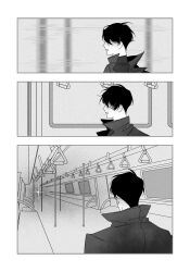 1boy atmospheric_perspective benkdjjituibot black_coat black_hair coat color_contrast film_grain greyscale handle highres inset_border male_focus monochrome motion_blur multiple_views omniscient_reader&#039;s_viewpoint open_mouth popped_collar short_hair sparkle train_interior white_background window yoo_joonghyuk